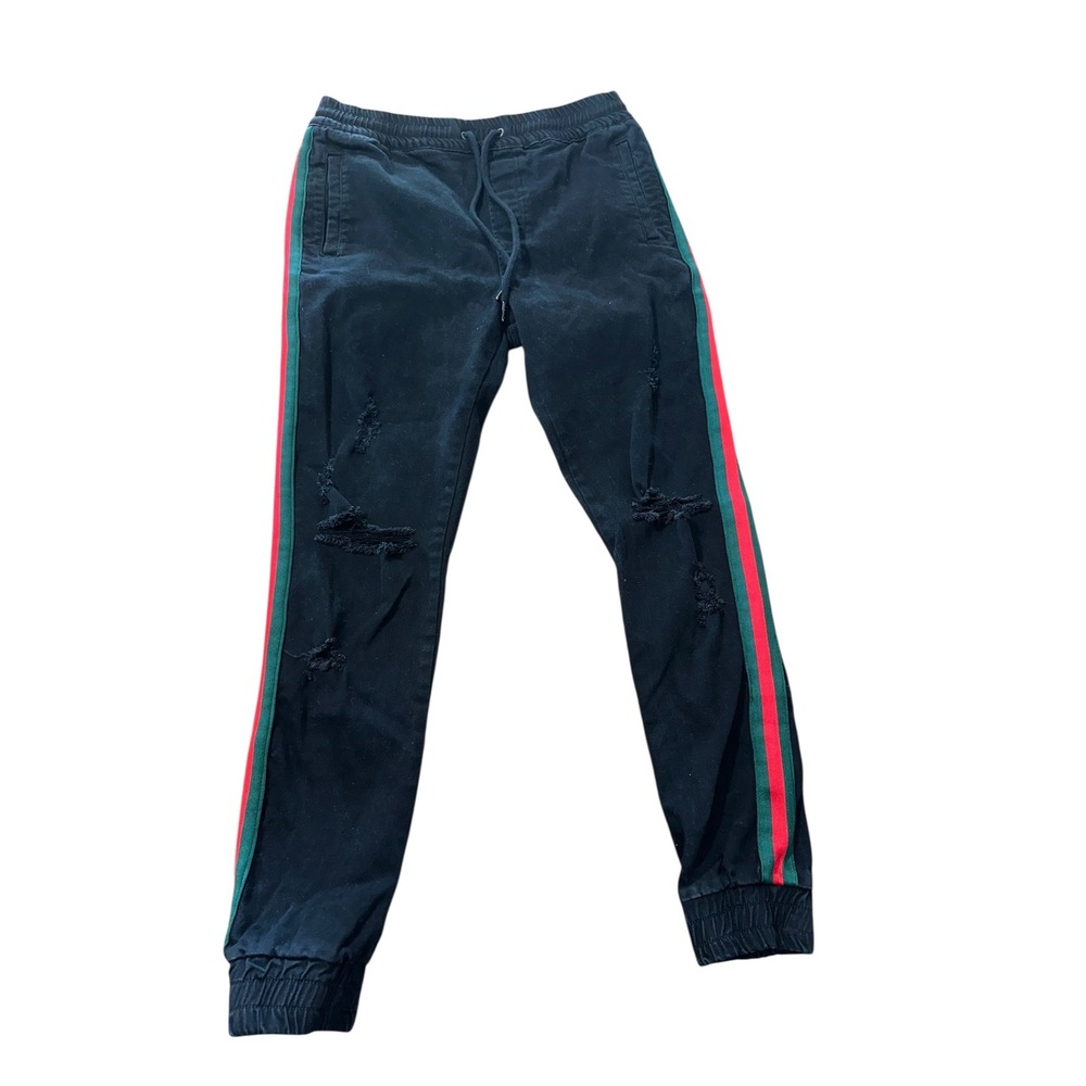 Saint Morta Black‎ Red Green Striped Distressed Denim Joggers Size Large